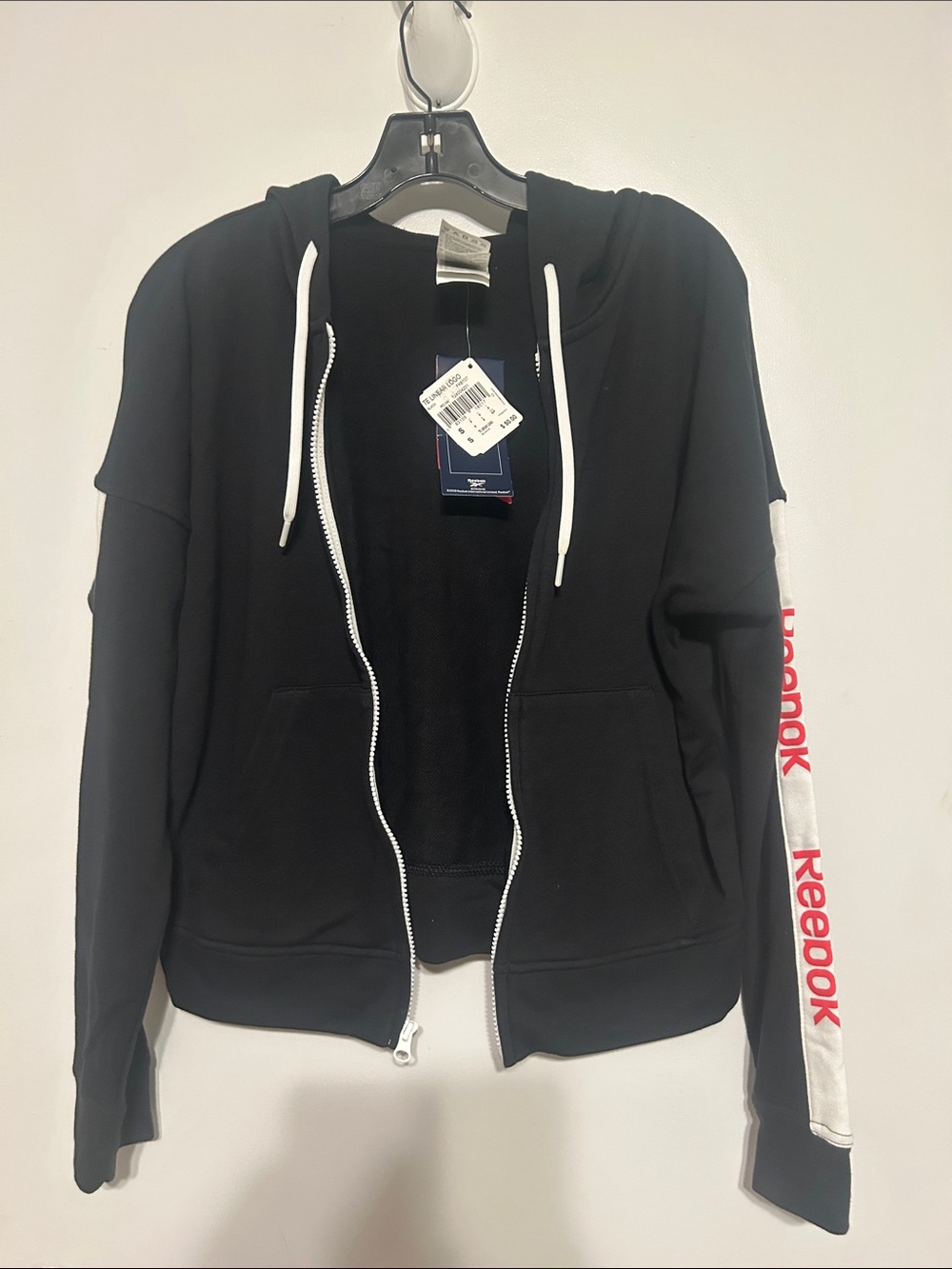 Reebok Black Hoodie with White Trim and Red Sleeve Logo